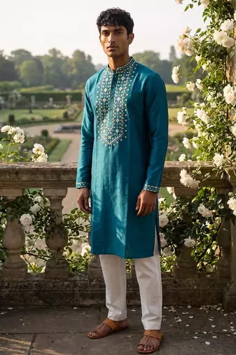 roman silk fabric embroidery mens designer party wear kurta pajama.
