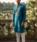 roman silk fabric embroidery mens designer party wear kurta pajama.