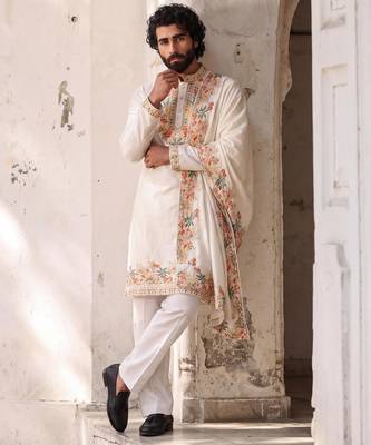 roman silk blend fabric embroidery mens designer party wear kurta pajama 1