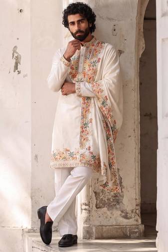 roman silk blend fabric embroidery mens designer party wear kurta pajama