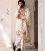 roman silk blend fabric embroidery mens designer party wear kurta pajama