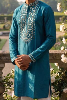 roman silk fabric embroidery mens designer party wear kurta pajama. 2