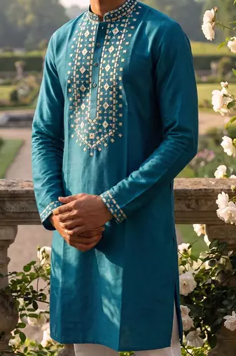 roman silk fabric embroidery mens designer party wear kurta pajama.