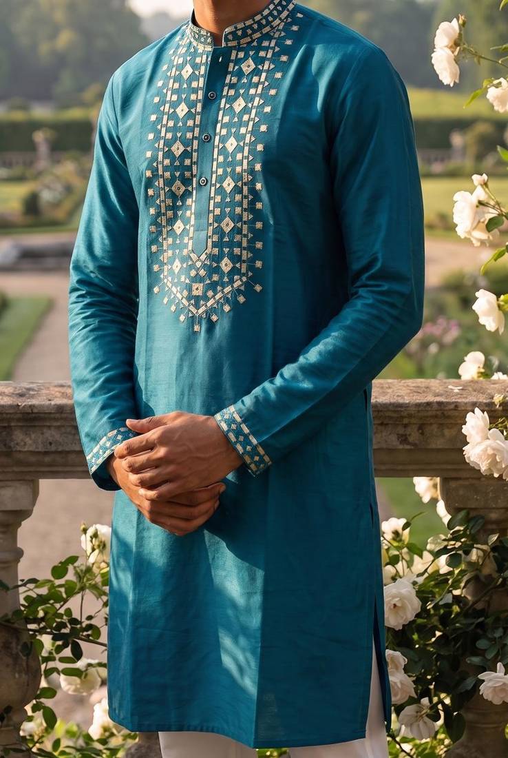 roman silk fabric embroidery mens designer party wear kurta pajama.