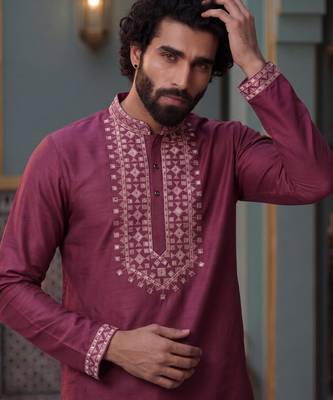 roman silk blend fabric embroidery mens designer party wear kurta pajama. 2