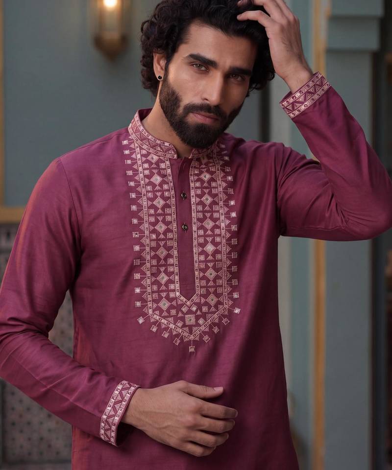 roman silk blend fabric embroidery mens designer party wear kurta pajama.