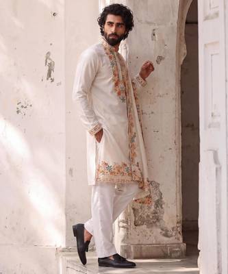 roman silk blend fabric embroidery mens designer party wear kurta pajama 2