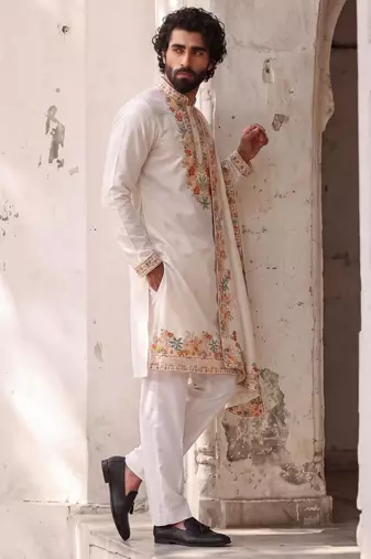 roman silk blend fabric embroidery mens designer party wear kurta pajama