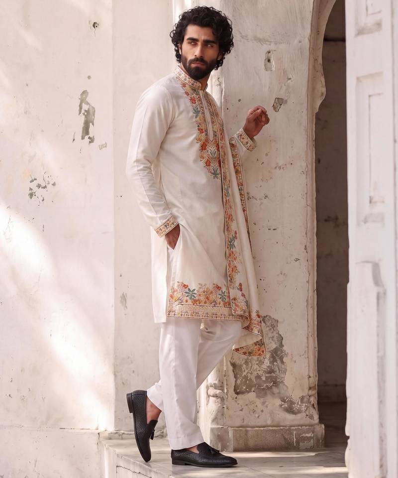 roman silk blend fabric embroidery mens designer party wear kurta pajama