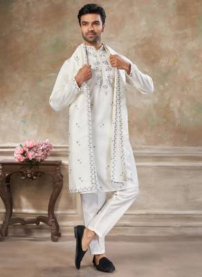 roman silk blend fabric embroidery mens designer party wear kurta pajama 1