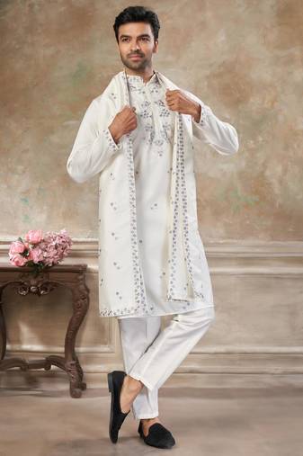 roman silk blend fabric embroidery mens designer party wear kurta pajama