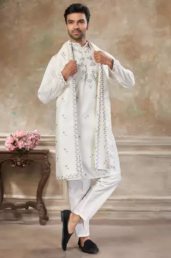 roman silk blend fabric embroidery mens designer party wear kurta pajama