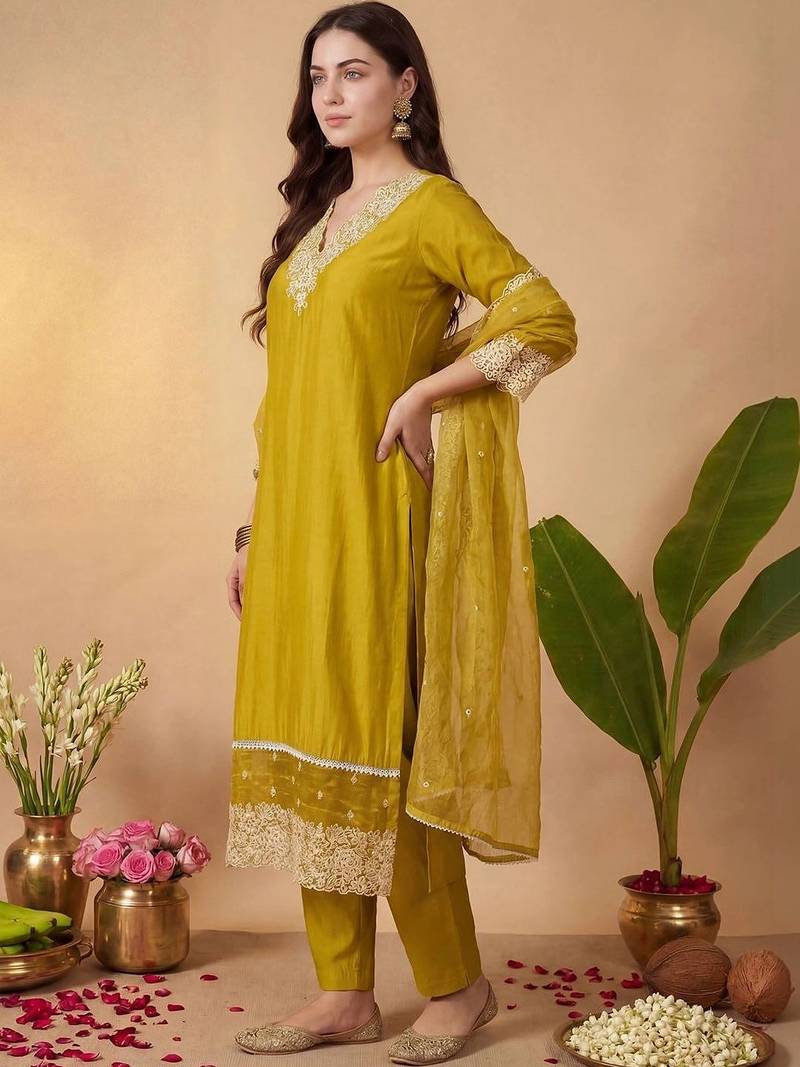 Women Ethnic Motifs Embroidered Regular Thread Work Kurta with Trousers & With Dupatta