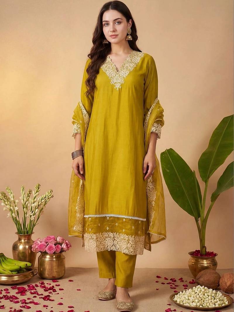 Women Ethnic Motifs Embroidered Regular Thread Work Kurta with Trousers & With Dupatta