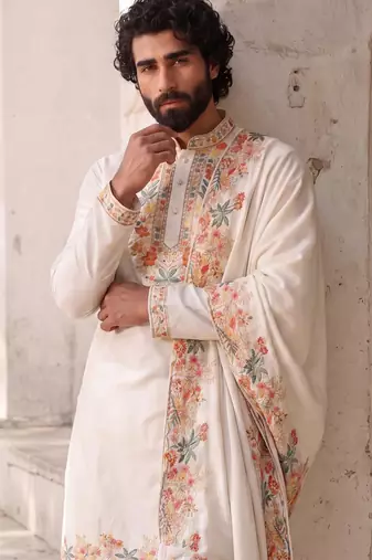 roman silk blend fabric embroidery mens designer party wear kurta pajama
