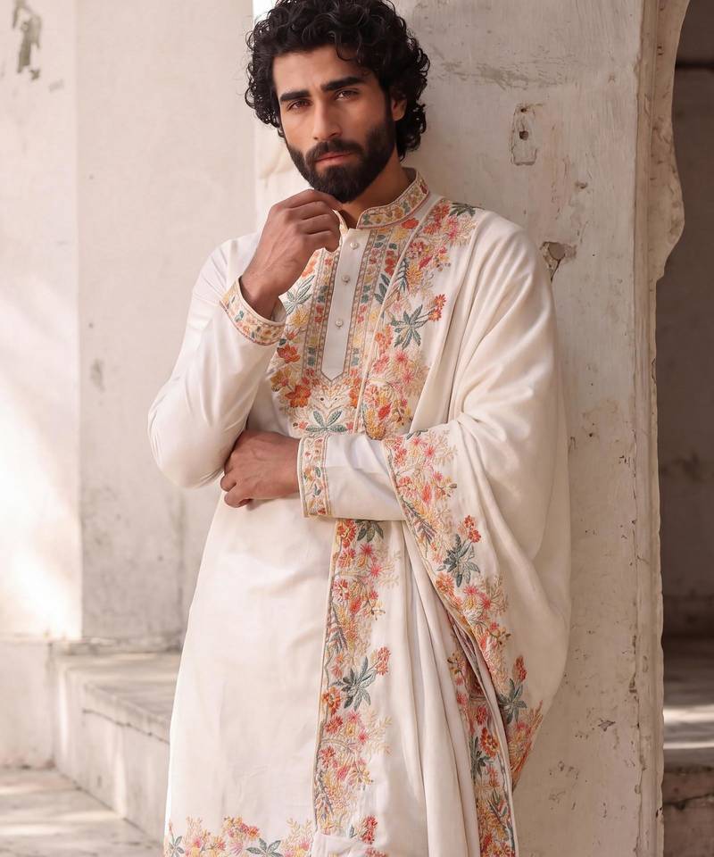roman silk blend fabric embroidery mens designer party wear kurta pajama