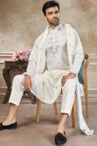 roman silk blend fabric embroidery mens designer party wear kurta pajama