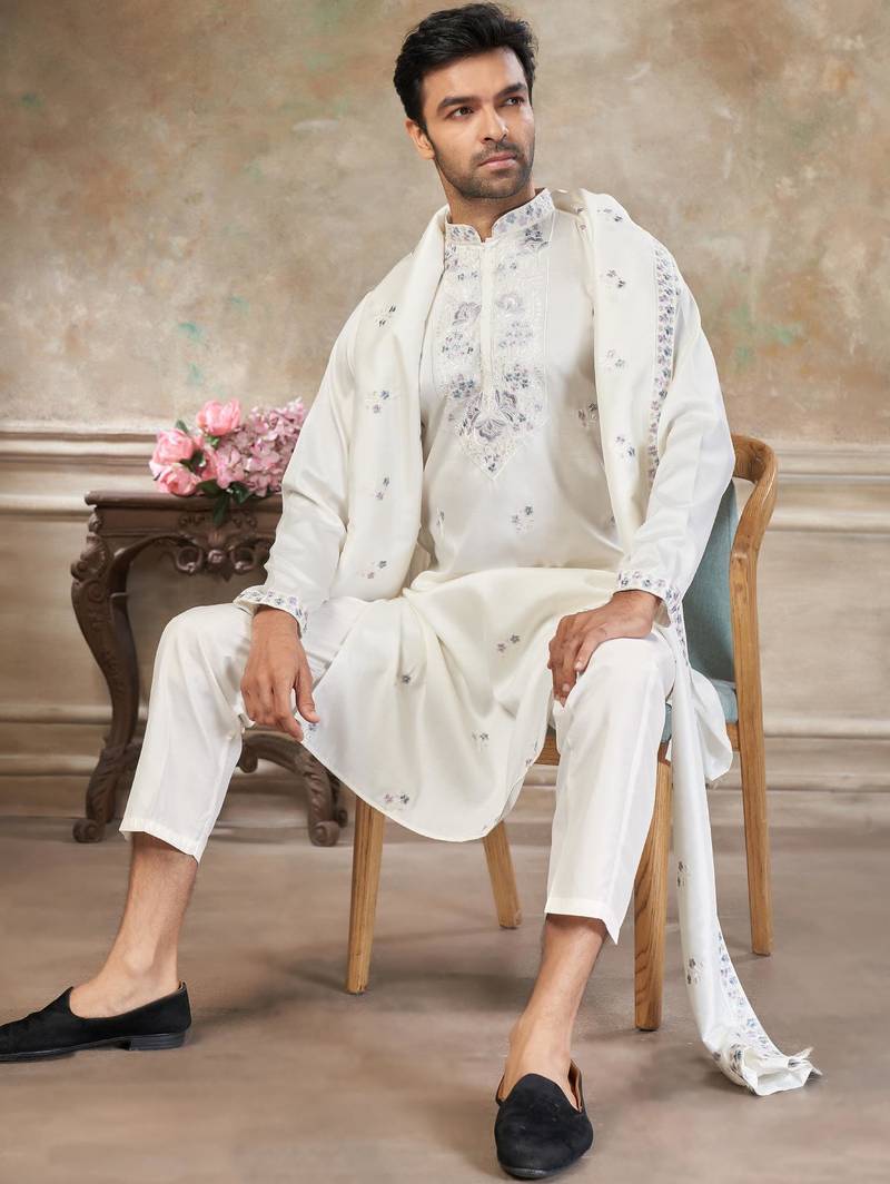 roman silk blend fabric embroidery mens designer party wear kurta pajama