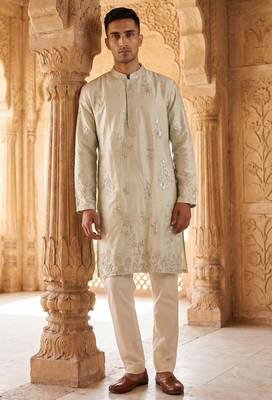 roman silk blend fabric embroidery mens designer party wear kurta pajama 1