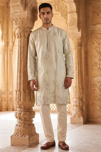 roman silk blend fabric embroidery mens designer party wear kurta pajama