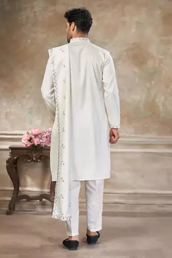 roman silk blend fabric embroidery mens designer party wear kurta pajama