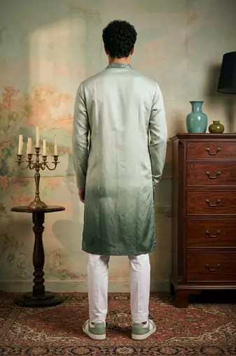 silk blend fabric embroidery mens designer party wear kurta pajama.