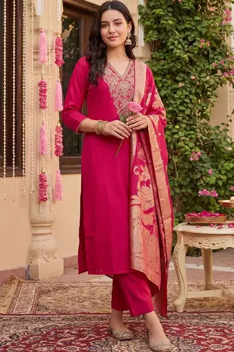 Women Ethnic Motifs Embroidered Regular Kurta with Trousers & With Dupatta