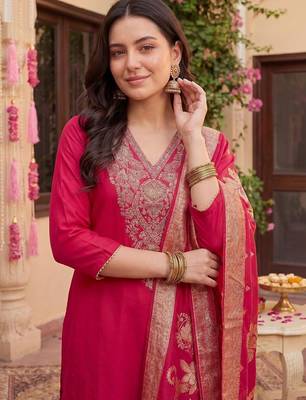 Women Ethnic Motifs Embroidered Regular Kurta with Trousers & With Dupatta 2