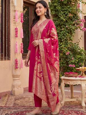 Women Ethnic Motifs Embroidered Regular Kurta with Trousers & With Dupatta 4