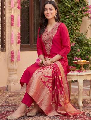 Women Ethnic Motifs Embroidered Regular Kurta with Trousers & With Dupatta 5