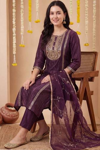 Women Ethnic Motifs Embroidered Regular Sequinned Kurta with Trousers & With Dupatta