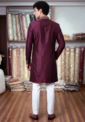 roman silk blend fabric embroidery mens designer party wear kurta pajama. 3
