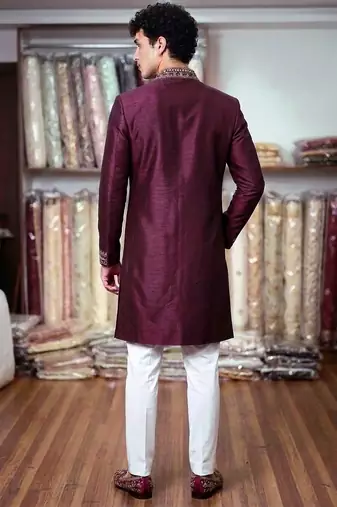 roman silk blend fabric embroidery mens designer party wear kurta pajama.