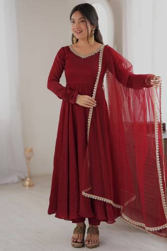 Red embroidered neckline anarkali suit with organza lace dupatta set