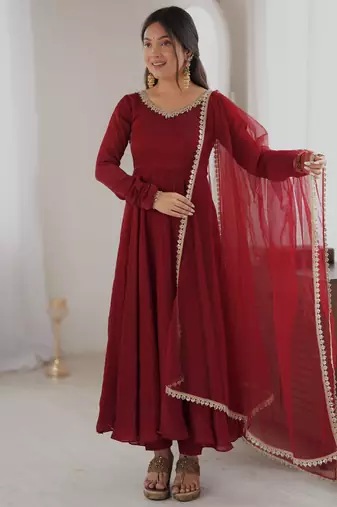 Red embroidered neckline anarkali suit with organza lace dupatta set
