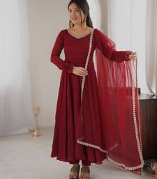 Red embroidered neckline anarkali suit with organza lace dupatta set