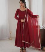 Red embroidered neckline anarkali suit with organza lace dupatta set
