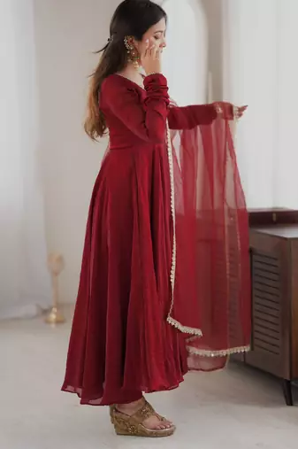 Red embroidered neckline anarkali suit with organza lace dupatta set