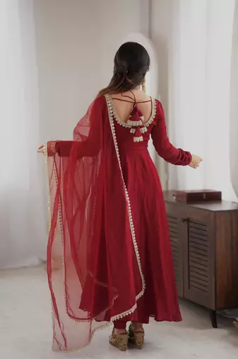 Red embroidered neckline anarkali suit with organza lace dupatta set