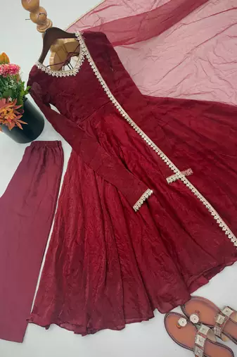 Red embroidered neckline anarkali suit with organza lace dupatta set