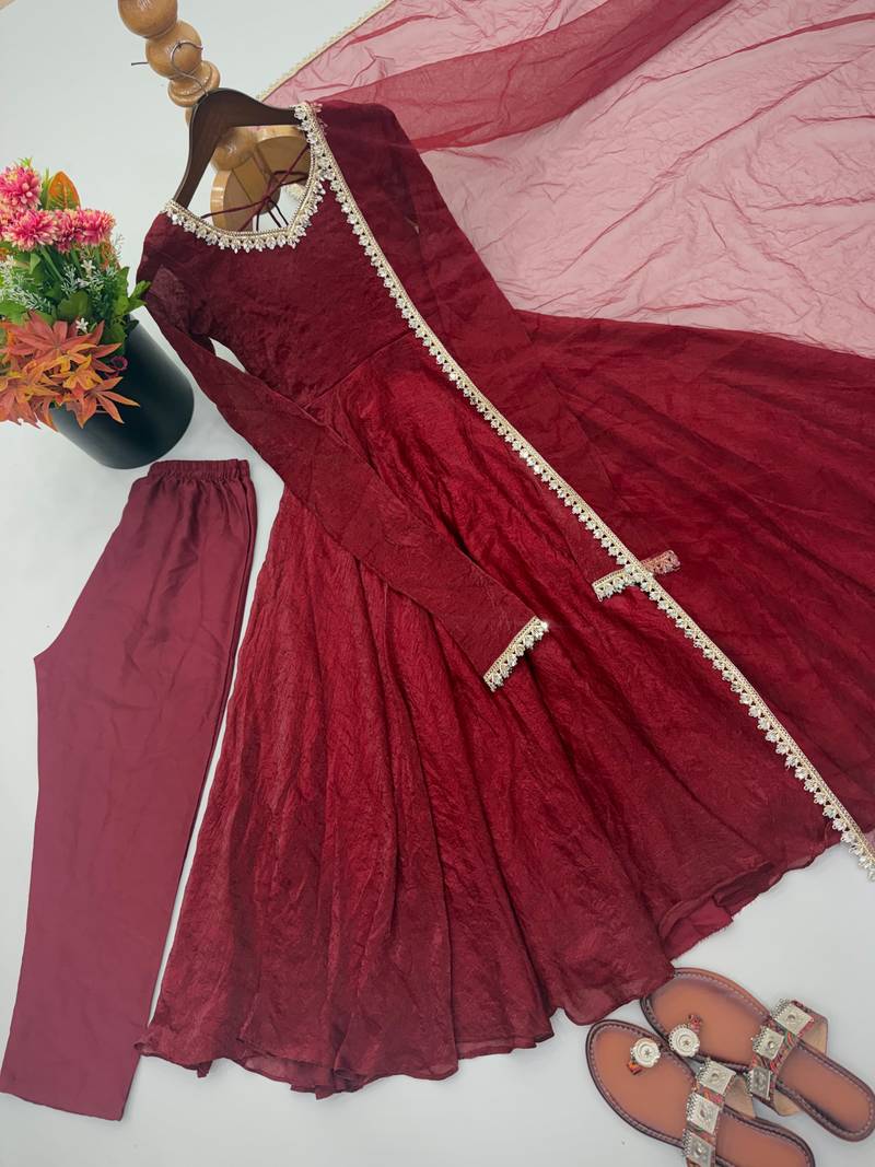Red embroidered neckline anarkali suit with organza lace dupatta set