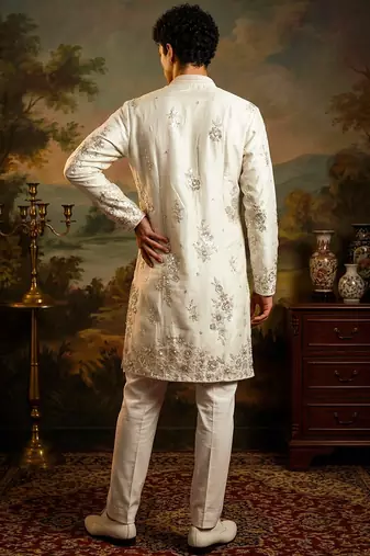 roman silk blend fabric embroidery mens designer party wear kurta pajama