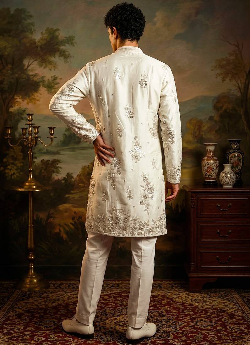 roman silk blend fabric embroidery mens designer party wear kurta pajama