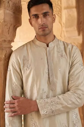 roman silk blend fabric embroidery mens designer party wear kurta pajama