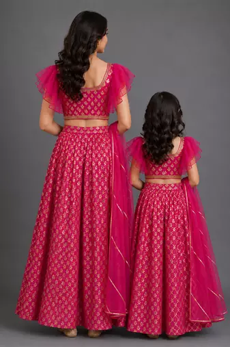 Magenta Pink Embroidered Cotton Silk Lehenga Set