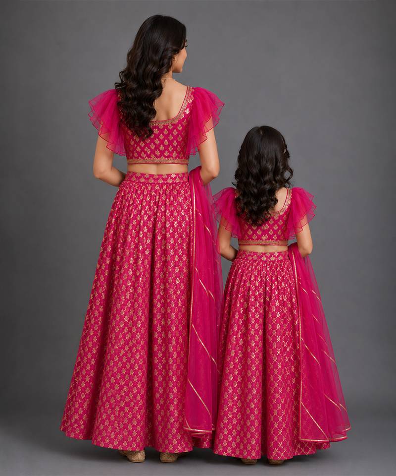 Magenta Pink Embroidered Cotton Silk Lehenga Set