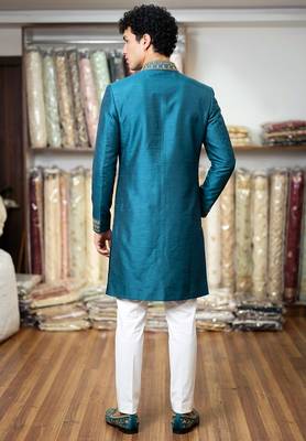 roman silk fabric embroidery mens designer party wear kurta pajama. 3