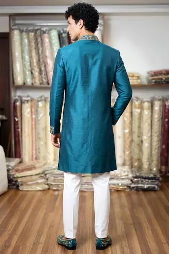 roman silk fabric embroidery mens designer party wear kurta pajama.