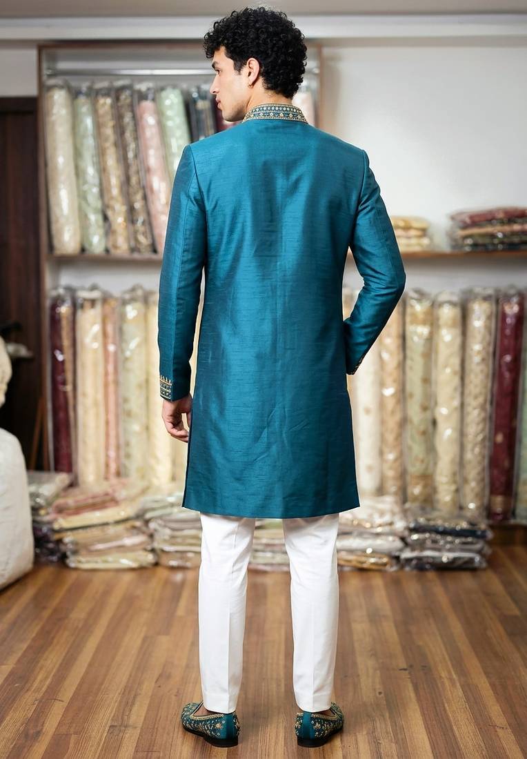 roman silk fabric embroidery mens designer party wear kurta pajama.