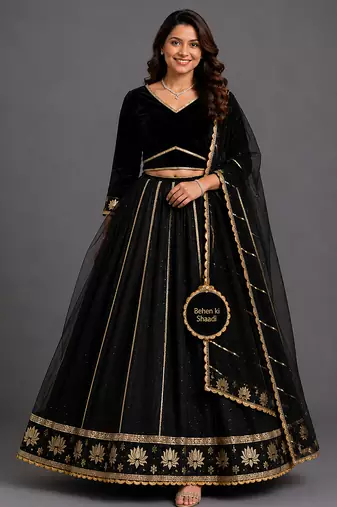 Black Gold Embroidered Cotton Silk Lehenga Set